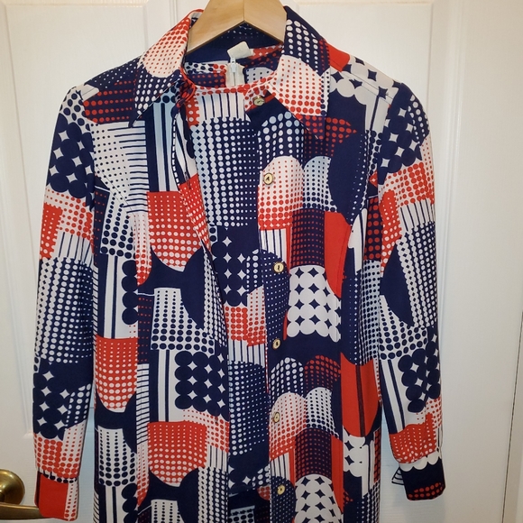 Vintage 70'S Sportables Polyester Blouse twinset 2 pc psychedelic mod patchwork - Picture 2 of 13